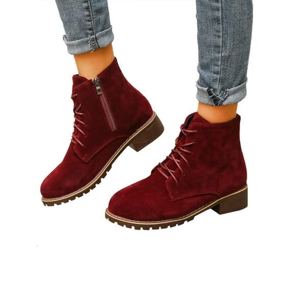 Crocowalk Women's Round Toe Waterproof Lace up Work Combat Boots Low Heel Ankle Booties US