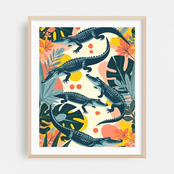 Crocs - India Illustration Wildlife Tropical Floral Pattern Jungle Animal Botanical Oak Framed Wall Art Print 12 x 16 inches