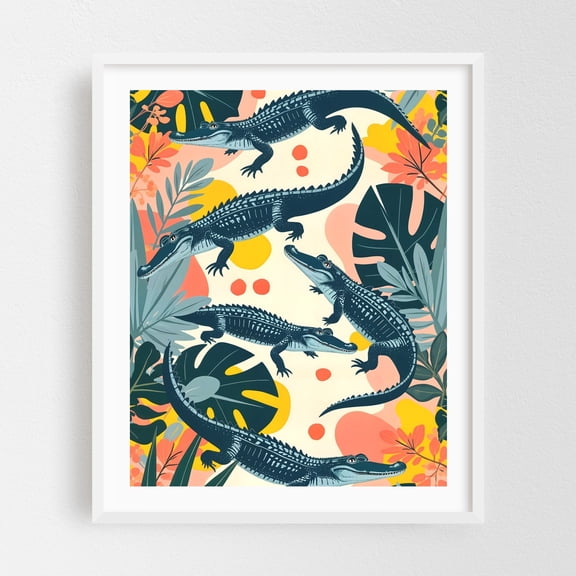 Crocs - India Illustration Wildlife Tropical Floral Pattern Jungle Animal Botanical White Framed Wall Art Print 18 x 24 inches