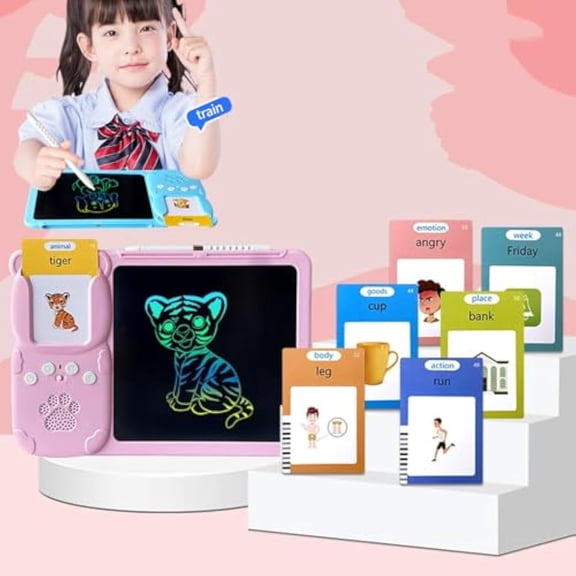 Croeve Talking Tablet, Croeve's Talking Tablet - no Fluorescent Cards and no Blue Light Screen, 225 Word Cards/510 Audiobooks/Erasable Drawing Board, Spanish and English Talking Cards (Pink+224Words)