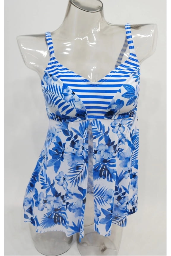 Blue Floral Mesh Flyaway Tankini Top Swimwear Women's 6