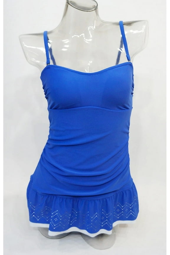 Blue Laser-Cut Skirt Bandeau One-Piece Hip Minimizer Swim Dress Swimsuit 6