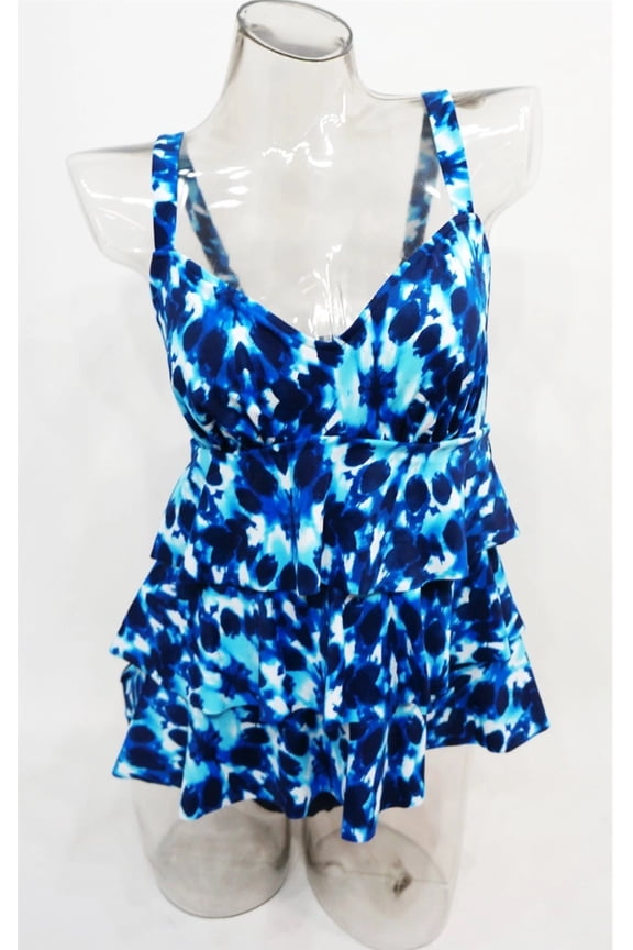 Blue Tiered Tummy Slimmer Abstract Print One-Piece Swimsuit Women's 6
