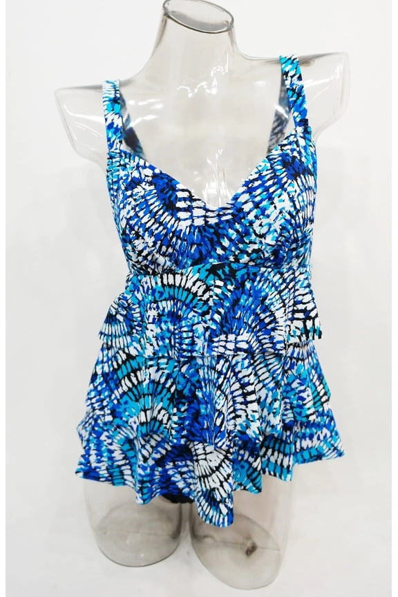 Blue Tiered Tummy Slimmer Fan Pattern Swimdress Swimsuits 6