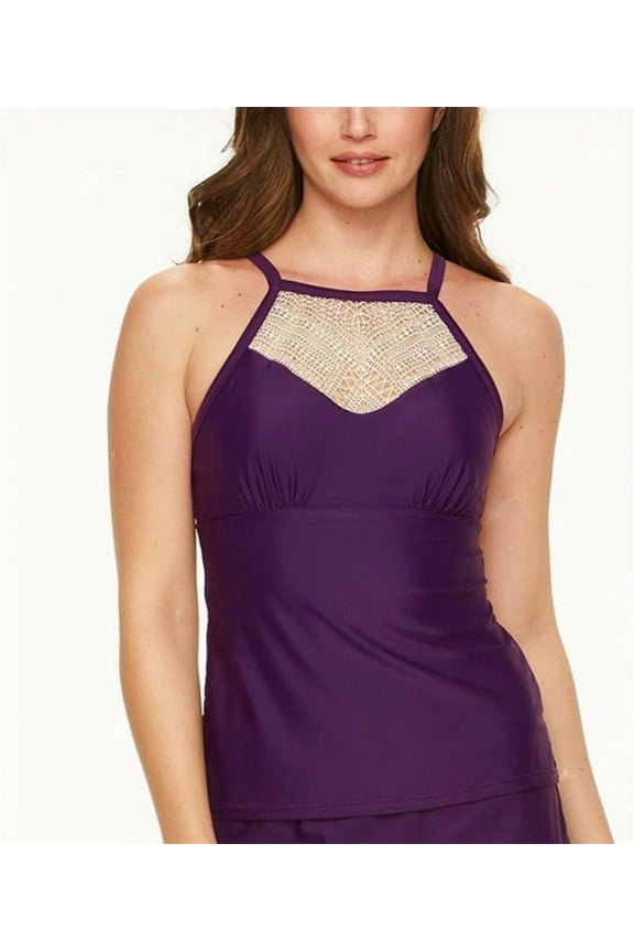 Purple High Neck Crochet Tankini Top Swimsuit Swimwear Women's 14