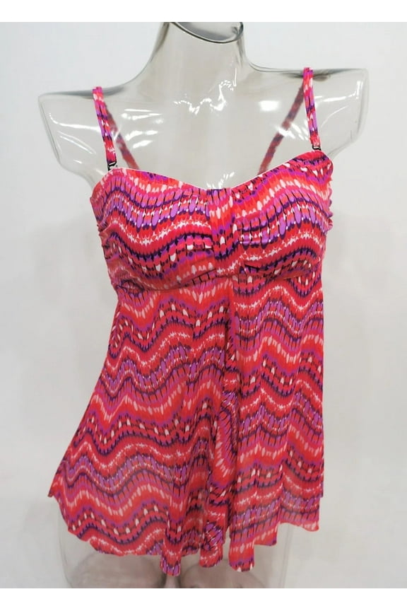 Red Wavy Print Bandeau Mesh Flyaway Tankini Top Swimwear Women's 6