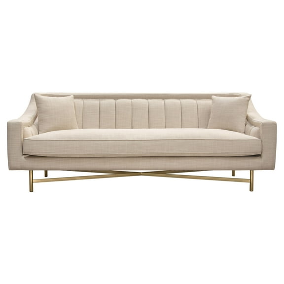 Nova Lifestyle Sofa in Sand Linen Fabric w/ Pillows and Gold Metal Criss-Cross Frame