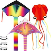 Crogift 3-Pack Large Kites Set - Delta, Devil Fish, Octopus Designs - For Kids & Adults Outdoor Fun