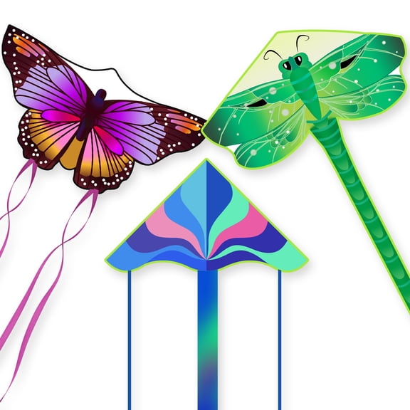 Crogift 3-Pack Large Kite Set Butterfly, Delta, and Dragonfly Easy to Fly Polyester Kites for Kids Ages 4-8 8-12 and Adults