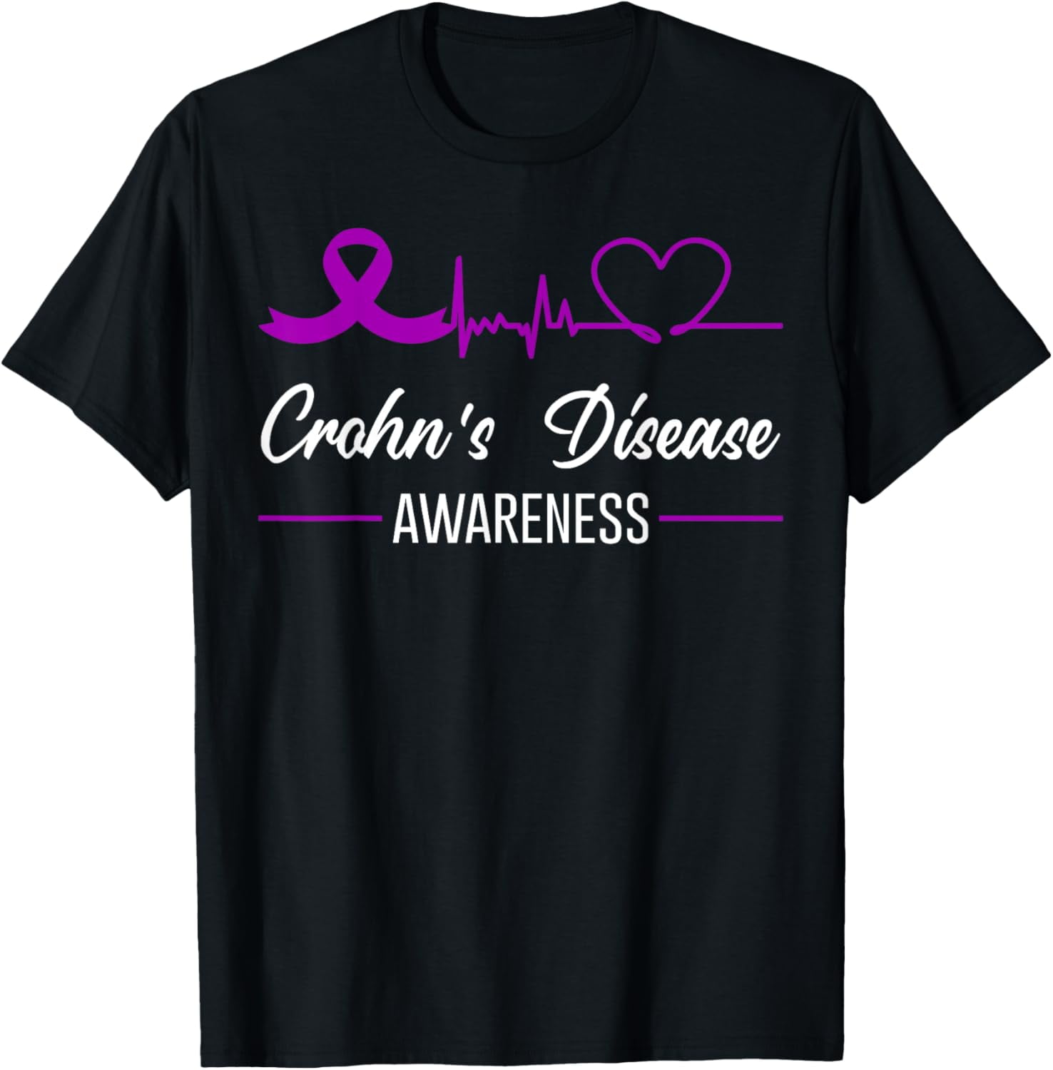 Crohn's Disease Awareness Heartbeat Love Purple Ribbon T-Shirt ...