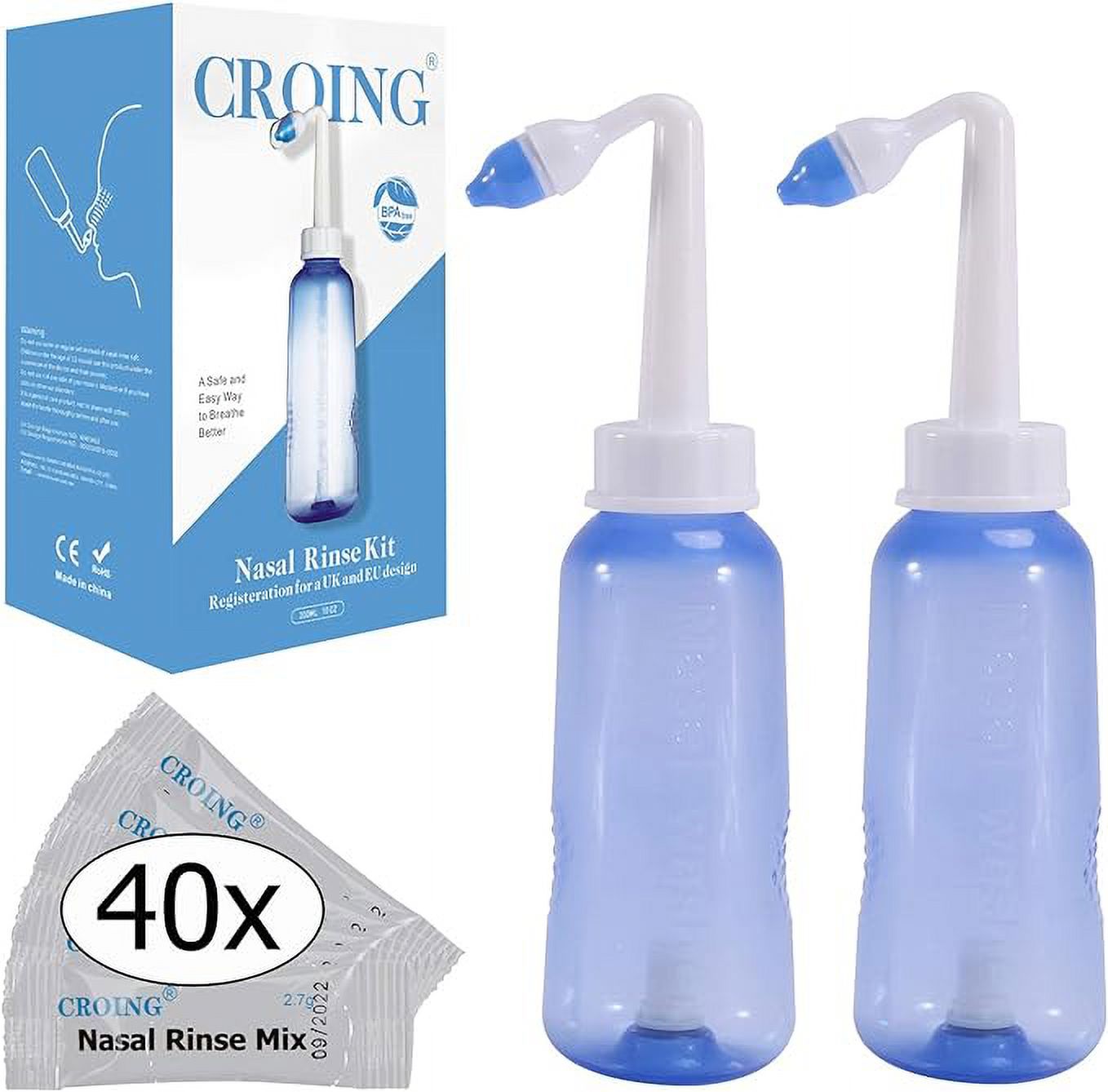 Croing 𝙎𝙞𝙣𝙪𝙨 𝙍𝙞𝙣𝙨𝙚 2 Neti Pots with 40 Salt Packs for Nasal Irrigation