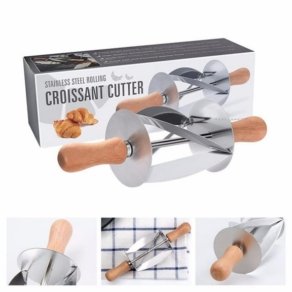 Croissant Cutter Roller for Dough Slicing, Stainless Steel Croissant Maker with Oaken Handle, 3-Blade Rolling Knife for Baking Pastry Bread Kitchen Tools