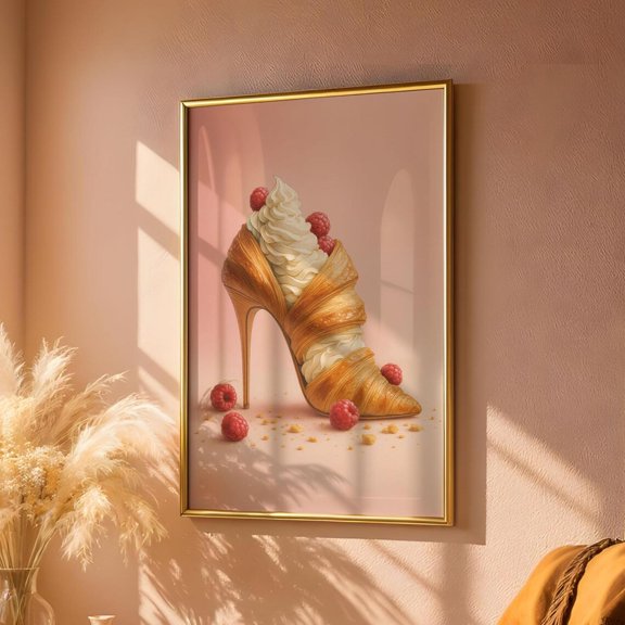 Croissant High Heel Whimsical Raspberry Cream Quirky French Bakery Retro Coquette Croissant Poster Unframed Paper Print