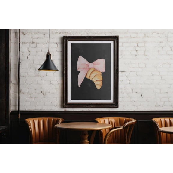 Croissant With Pink Bow Wall Art Print, Cute Coquette Pink Trend Art, Breakfast Lover Wall Decor, Cute Girly French Coffee Shop Art Decor Wall Art, Modern Wall Decor, 16x24 UNFRAMED