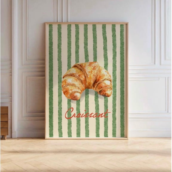 Croissant Print, Green Line Art, French Croissant Poster, Preppy Poster, Trendy Wall Art, Aesthetic Kitchen Decor, Retro Wall Art, Unframed Paper Poster 8x10in