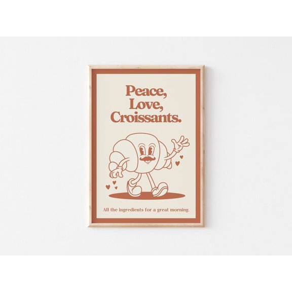 Croissant Retro , Kitchen Wall Art, 70'S Cartoon Character, Red And Beige Decor, Home Office Art Print, Peace Love Breakfast Poster Decor, Unframed Poster Size 8x12 F03.1.14l1194