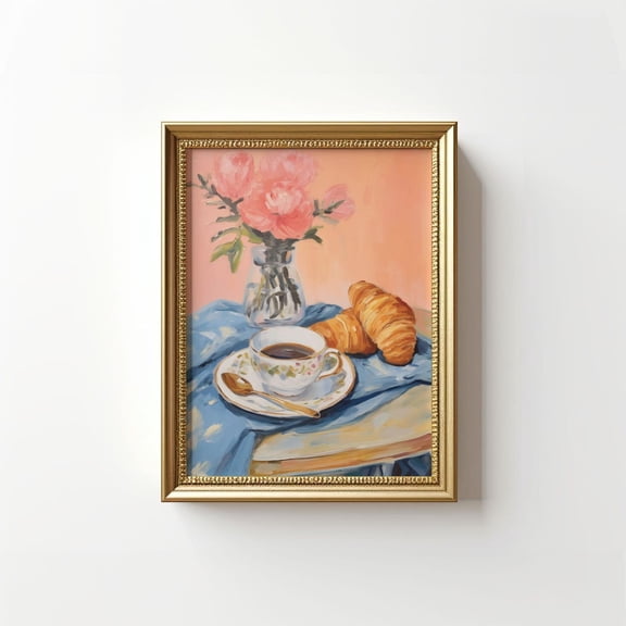 Croissant And Tea Wall Art, Retro Coffee Poster, Cute Kitchen Wall Art, Breakfast Wall Art, Retro Kitchen Decor, Cottagecore Decor, Unframed Poster Size 8x12 F03.1.15l1064