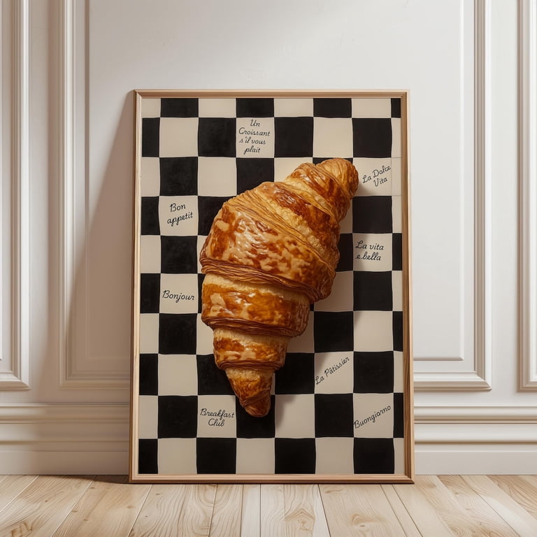 Croissant Wall, French Breakfast, Vintage Kitchen Poster, Checkered ...