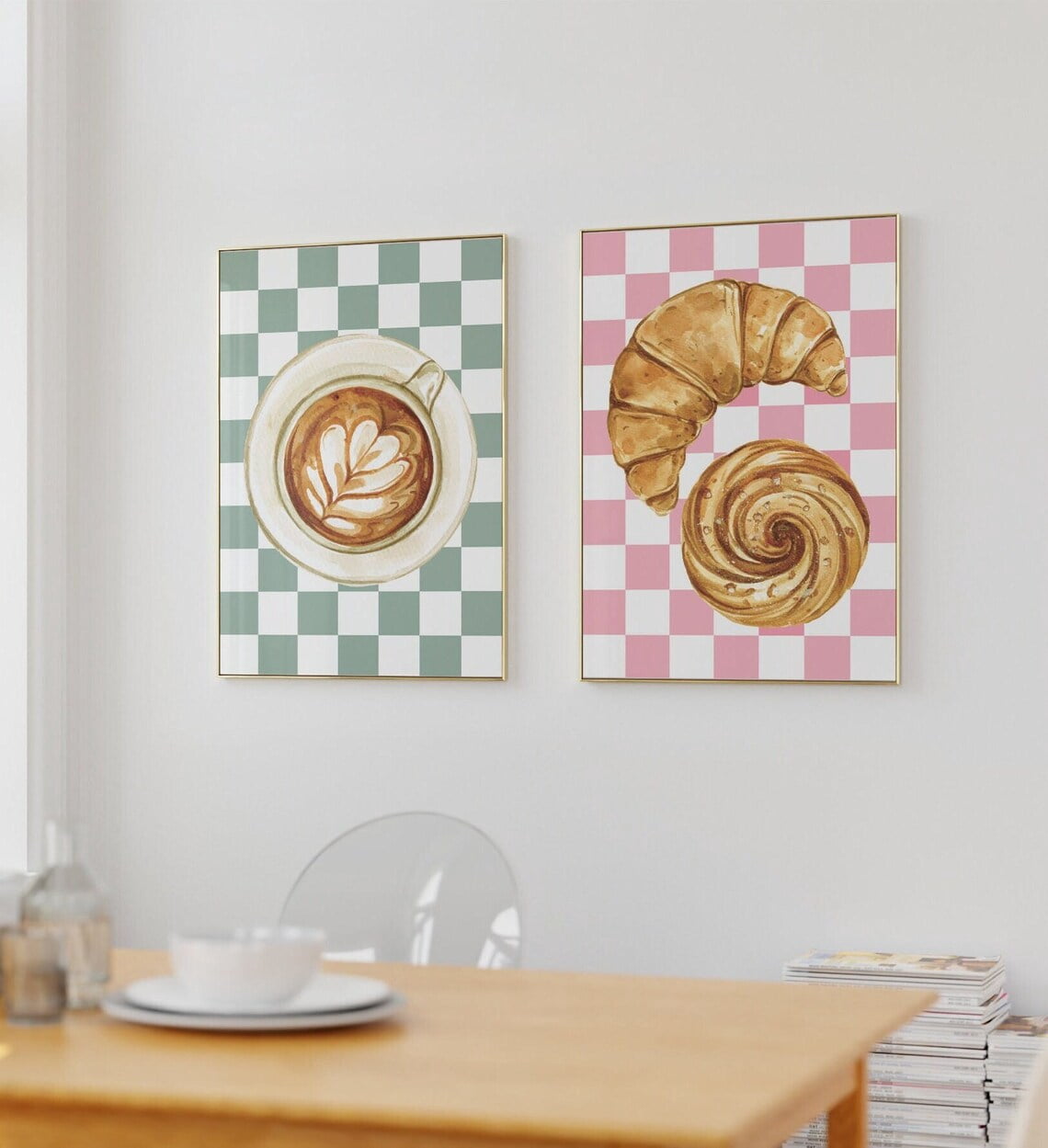 Croissant and Coffee Print Retro Kitchen Wall Art French Food Trendy ...