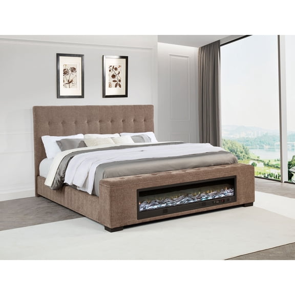 Crombie Brown Upholstered Eastern King Audio Flame Visualizer Bed