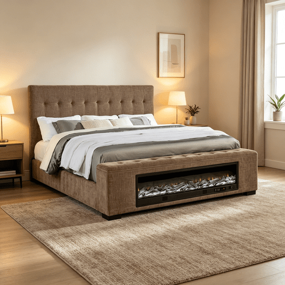 Crombie Brown Upholstered Queen Size Bed with Built-in LED Flame Effect and Bluetooth Speaker