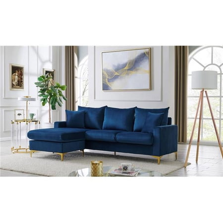 Cromwell Modular Chaise Sectional Sofa with Velvet Upholstered Solid Gold Tone Metal Y-Legs with 2 Throw Pillows, Modern Contemporary, Navy