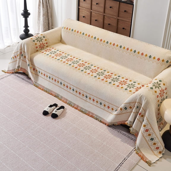 Croniis Boho Sofa Cover with Anti-slip Velcro Tape, Couch Blanket Cover Sectional Sofa Cover for Boho Style, Revitalizing the Old Sofa,Couch Protector,Chenille Fabric Colorful Lozenge 71*71in