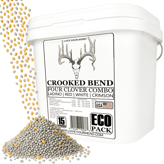 Crooked Bend Four Clover Combo Blend, 15LB EcoPack, Perennial Food Plot Seed, Pheasant, Duck, Dove, Wildlife, Rabbit, Elk, & Turkey Attractant, Grow Ground Cover & Whitetail Deer Hunting Food Plots