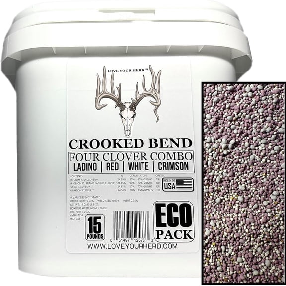 Four Clover Combo Blend, 15LB EcoPack, Perennial Food Plot Seed, Pheasant, Duck, , Wildlife, Rabbit, Elk, & Turkey Attractant, Grow Ground Cover & Whitetail Deer Hunting Food Plots