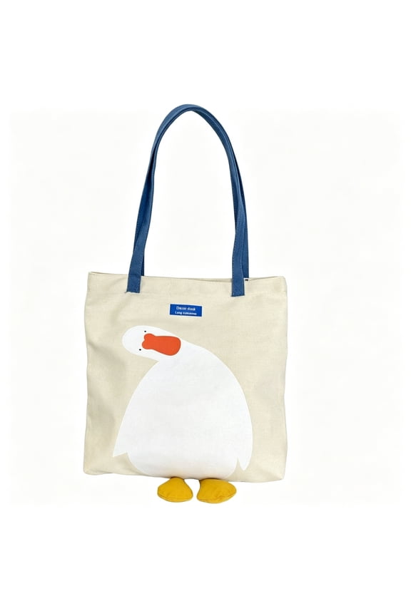 Crooked Neck Duck Tote Bag, Large Capacity Cute Aesthetic Shopping Handbag, Lightweight Casual Shoulder Purse for Daily Outdoor Travel(Off White)