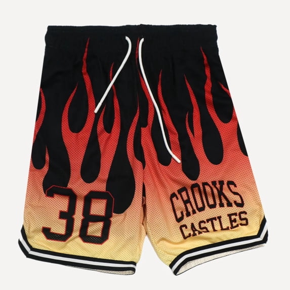 Crooks & Castles Men's Fire Flame Mesh Basketball Shorts (Small, Black/Multi)