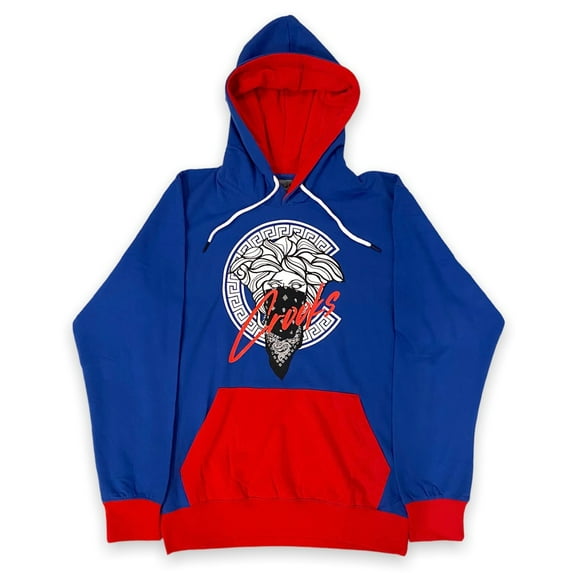 Crooks & Castles Men's Logo Graphic Pullover Fleece Hoodie Sweatshirt (Large, Medusa Bandana - Blue/Red)