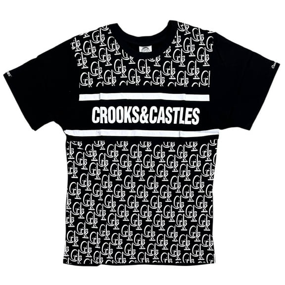 Crooks & Castles Men's T-Shirt All Over Bar Logo Print Short Sleeve Tee (Small, Black)