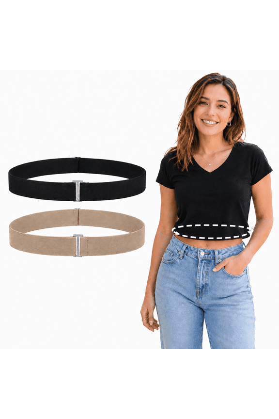 Crop Band Tuck Band Belts for Sweaters T-Shirts, Elastic Belts for Women Stretchy Belt for Women (Black+Khaki)