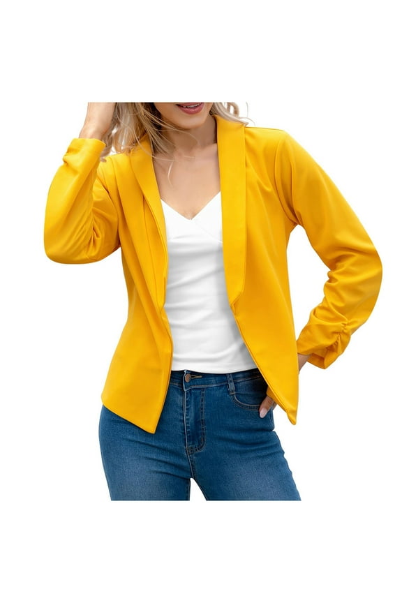 Crop Blazer Jackets Womens Dressy Casual Lightweight Cardigans Open Front Shawl Collar Long Sleeve Short Outwear (XL, Yellow)