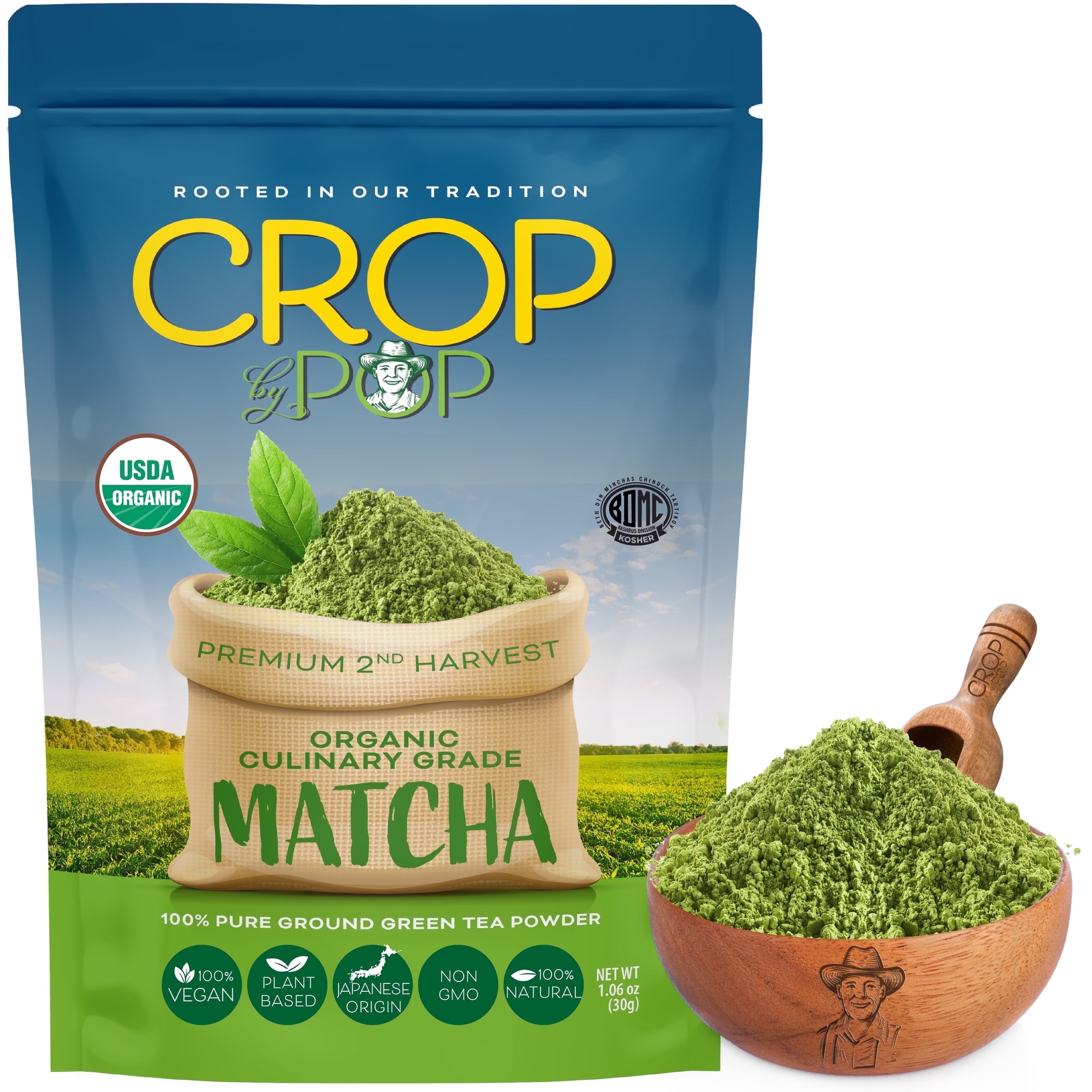Crop By Pop Culinery Grade Matcha Green Tea Powder USDA Organic Non GMO (1.06 oz) All Natural, Keto, Vegan, Kosher
