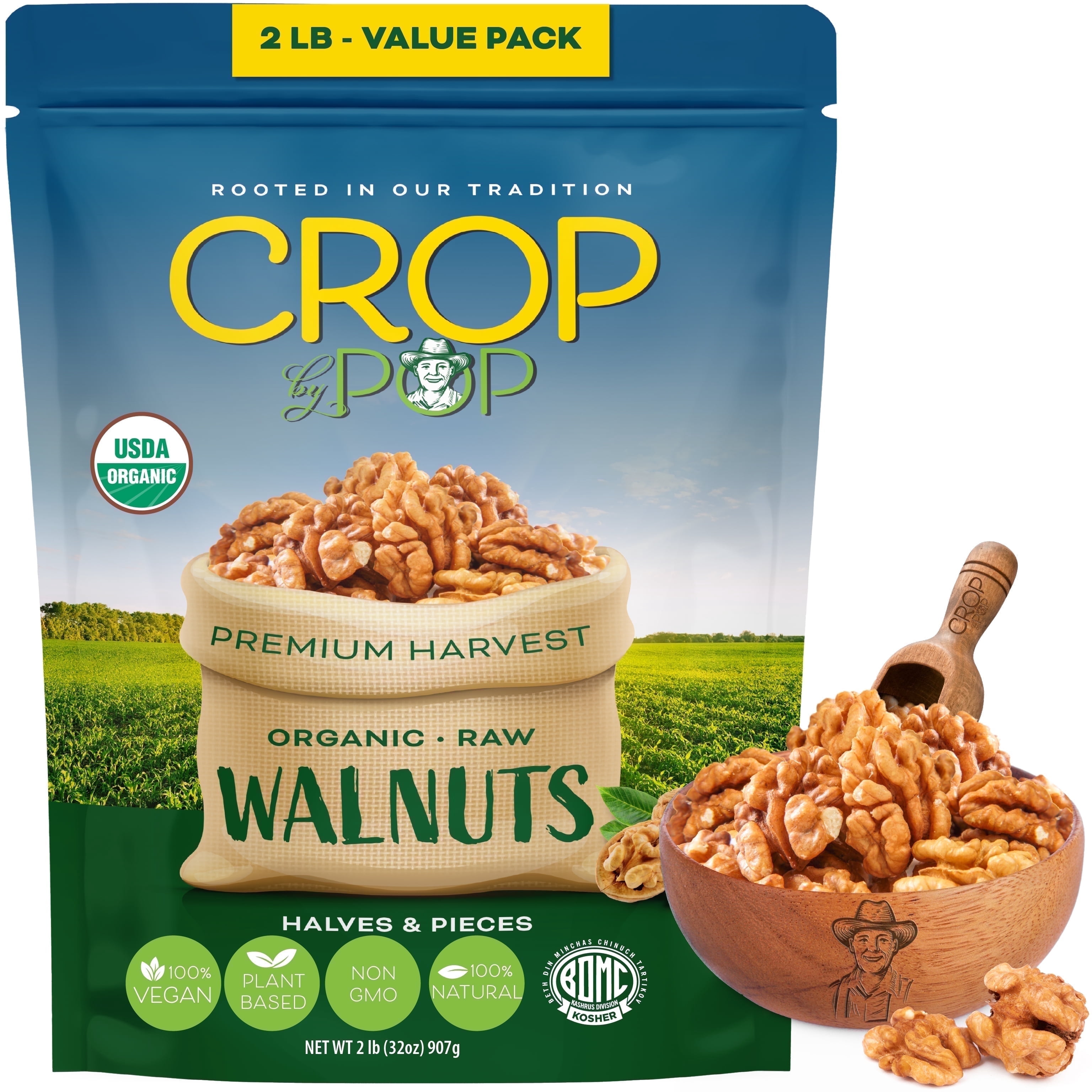 Crop By Pop - Organic Walnuts USDA Organic Non GMO (32 oz 2 Lbs) All Natural, Keto, Vegan, Kosher