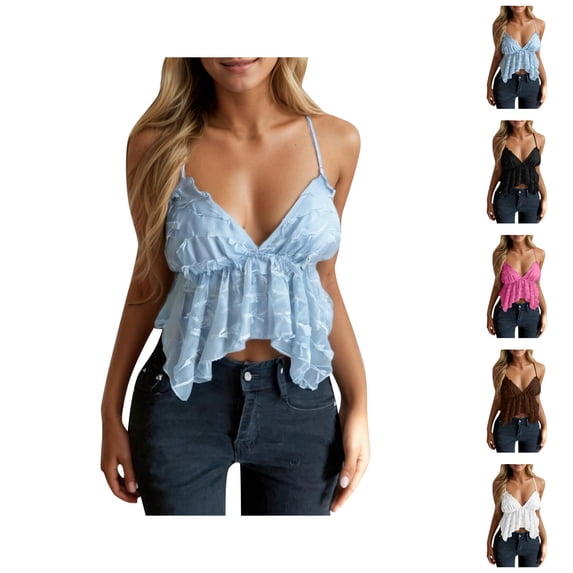 Crop Camisole Tops for Women Deep V Neck Spaghetti Strap Ruffle Flowy Backless Cami Tank Top Y2k Going out Tops