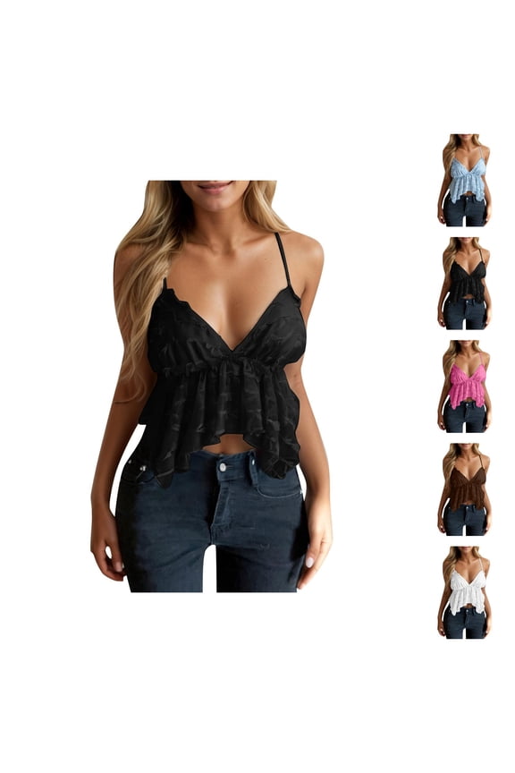 Crop Camisole Tops for Women Deep V Neck Spaghetti Strap Ruffle Flowy Backless Cami Tank Top Y2k Going out Tops