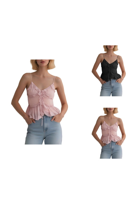Crop Camisole Tops for Women Lightweight Semi Sheer Ruffle V Neck Spaghetti Strap Cami Tank Top Summer Outfits