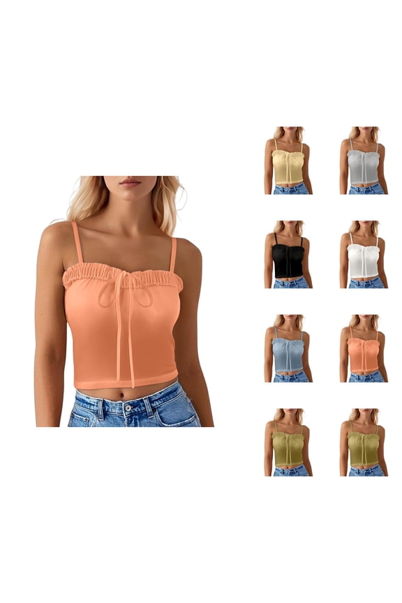 Crop Camisole Tops for Women Ruffle Neckline Bow Center Spaghetti Strap Slimming Padded Cami Tank Top Y2k Going out Tops
