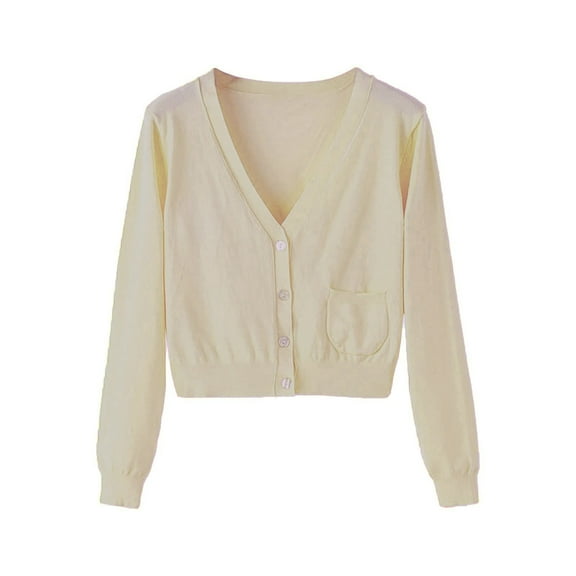 Crop Cardigan Sweaters for Women Knitted Button Up Fall Slim Clothing Deep V Neck Long Sleeve Cropped Lightweight Coat
