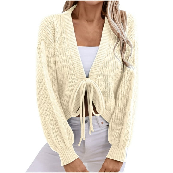 Crop Cardigan Sweaters for Women Lace-up Cable Knit Sweater Tops Solid Color Long Sleeve Open Front Cardigans