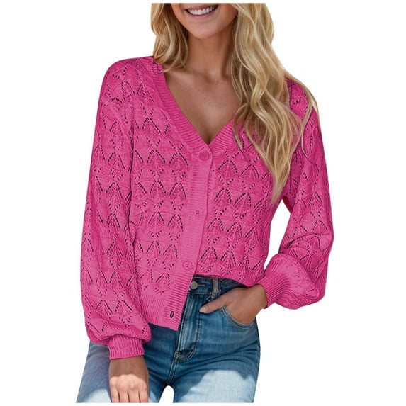 Crop Cardigan Women Lightweight Crochet Cropped Cardigan V Neck Long Sleeve Button Up Sweater Fall Cardigan Red S