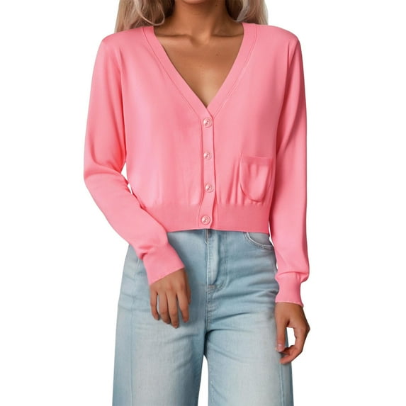 Crop Cardigan Women's Lightweight Knit Cropped Cardigan Long Sleeve V Neck Open Front Sweater Fall Cardigan Pink XL