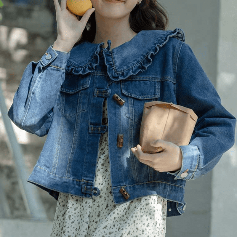 Crop Denim Jacket Women Vintage Sweet Peter Pan Collar
