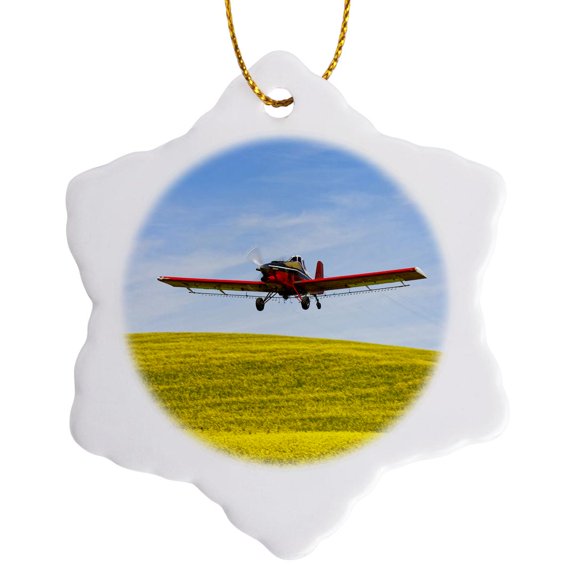 3drose, Crop Duster Flying over Canola Field, Palouse Region, Washington., 3 inch Snowflake Porcelain Ornament