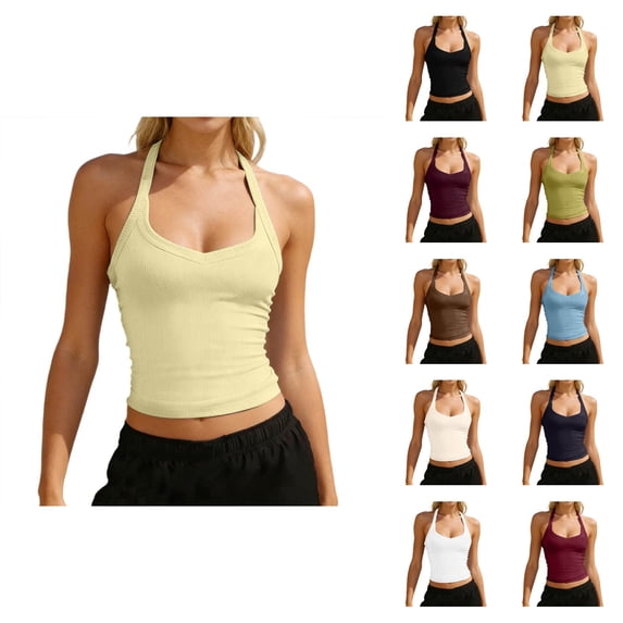 Crop Halter Tank Tops for Women Casual V Neck Knit Slimming Camisole Top Y2k Going out Tops Summer Outfits