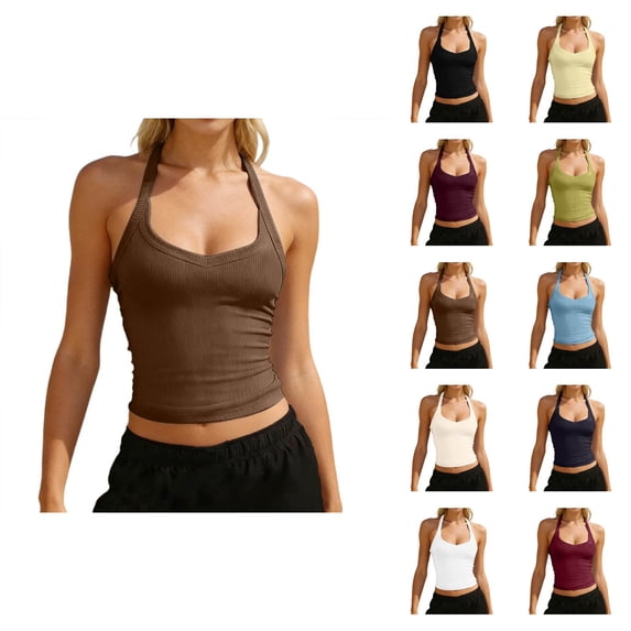 Crop Halter Tank Tops for Women Casual V Neck Knit Slimming Camisole Top Y2k Going out Tops Summer Outfits