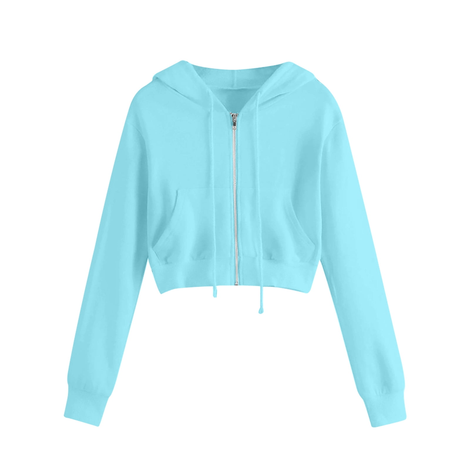 Crop Jackets Zip Up Womens Cute Workout Hoodie Long Sleeve Cropped Drawstring Hooded Sweatshirt Outerwear Large Blue Walmart